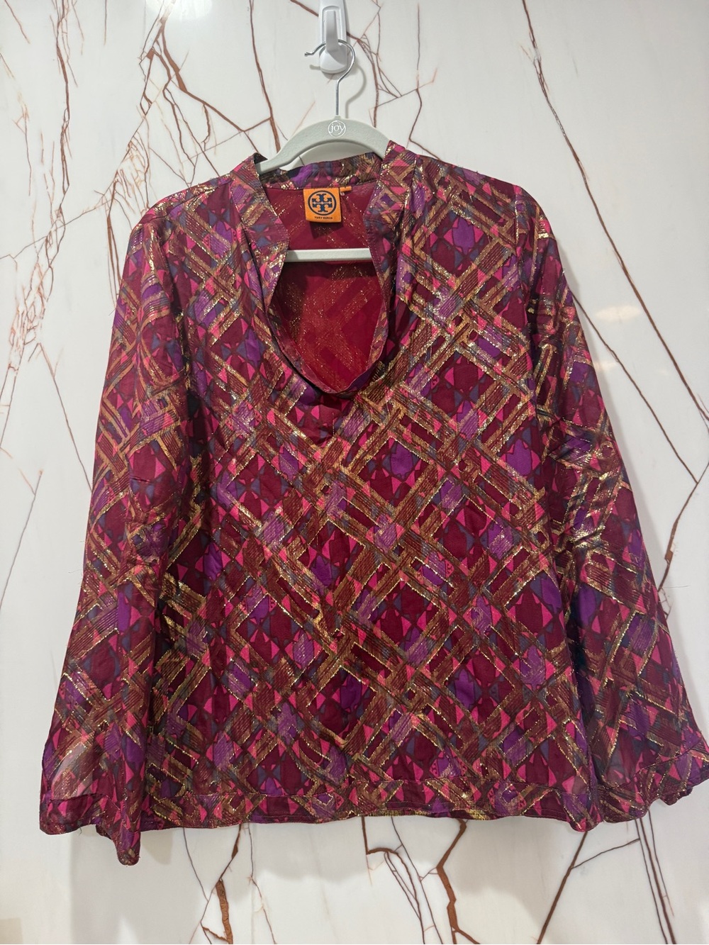 Tory Burch Burgundy and Gold Metallic Geometric Tunic